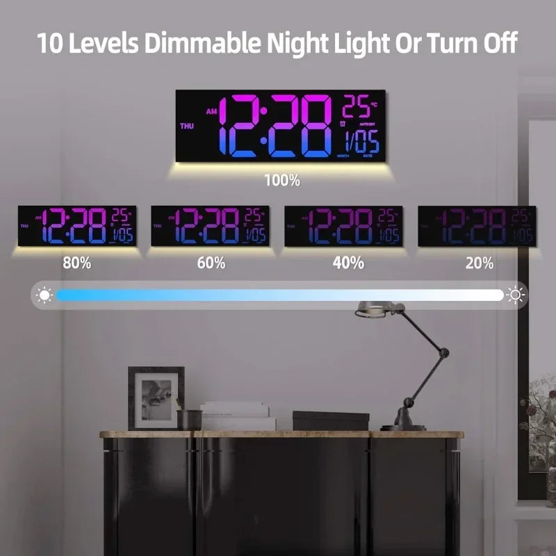 Large digital wall clock - Eldon with LED display showing time, date, temperature, and weekday. Features 10 dimmable night light levels for versatile visibility, ideal for home or office settings.