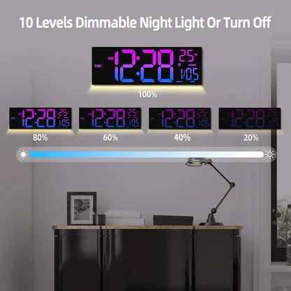 Large digital wall clock - Eldon with LED display showing time, date, temperature, and weekday. Features 10 dimmable night light levels for versatile visibility, ideal for home or office settings.
