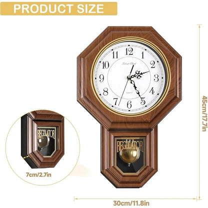 Vintage wall clock pendulum - Heritage: A wood-tone, octagonal-top wall clock featuring a white dial with Arabic numerals and ornate hands, complemented by a glass-front pendulum box labeled REGULATOR. Dimensions: 45x30x7 cm.
