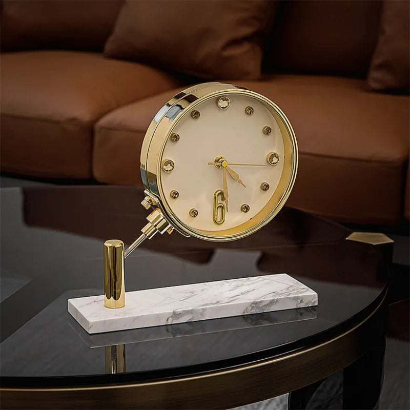 Luxury Table Clock - Corlen: A round-faced clock with gold details on a marble base, offering an elegant touch to modern decor, perfect for homes or offices.