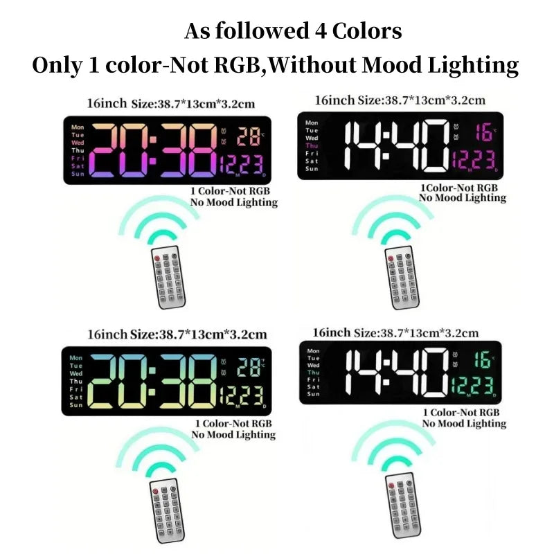 Large digital wall clock - Eldon, showcasing four single-color LED displays with day, time, temperature, and date. Includes a remote control icon, emphasizing simplicity and functionality for large spaces.