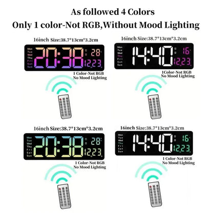 Large digital wall clock - Eldon, showcasing four single-color LED displays with day, time, temperature, and date. Includes a remote control icon, emphasizing simplicity and functionality for large spaces.