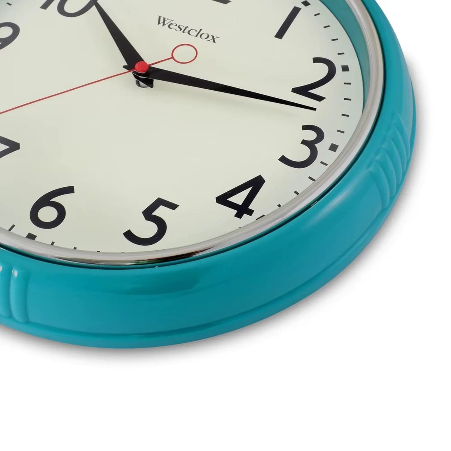 Blue metal Wall Clock - Farlton by Westclox, featuring a teal housing, silent movement, and minimalist square design. Black hour and minute hands with a red second hand on a white face.