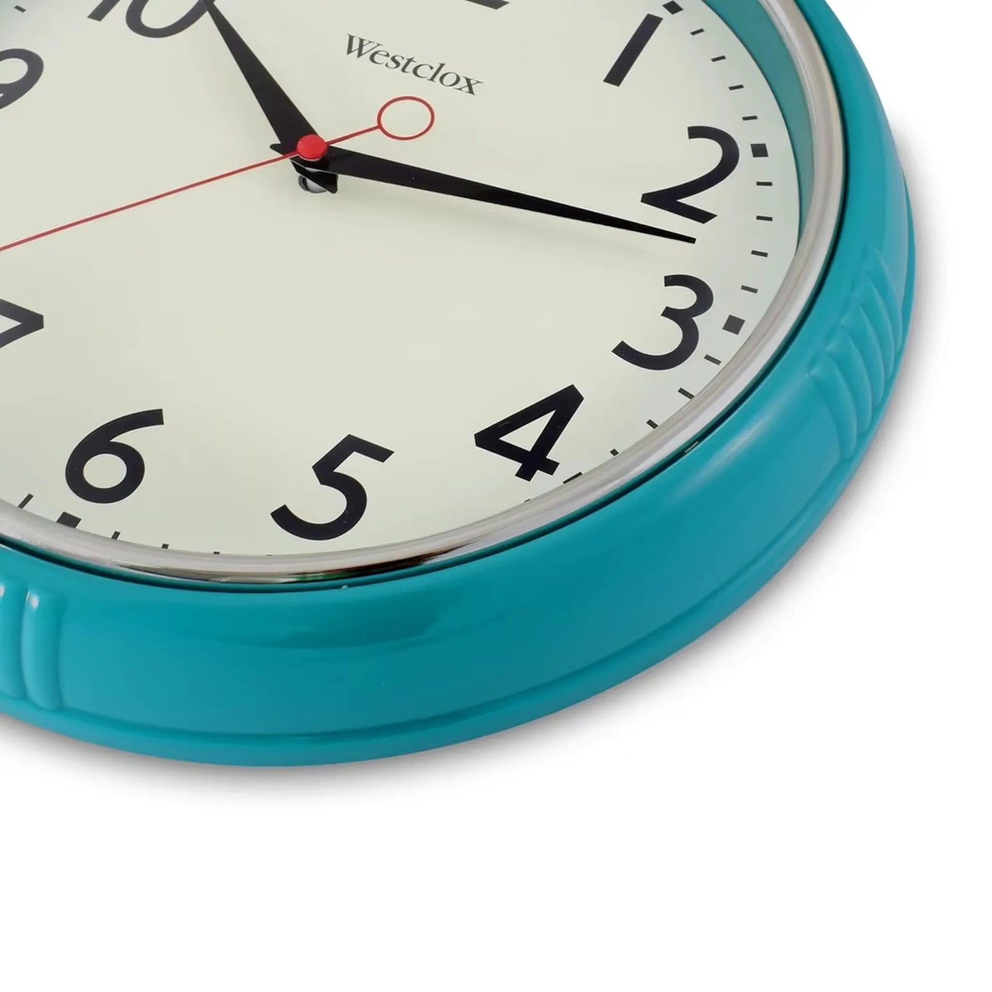 Blue metal Wall Clock - Farlton by Westclox, featuring a teal housing, silent movement, and minimalist square design. Black hour and minute hands with a red second hand on a white face.