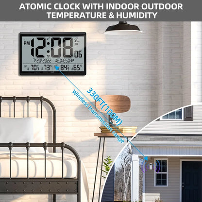 Atomic wall clock - Harven, featuring time, date, day, indoor/outdoor temperature, and humidity display, with a wireless sensor transmitting data up to 330 ft, ideal for precise timekeeping.