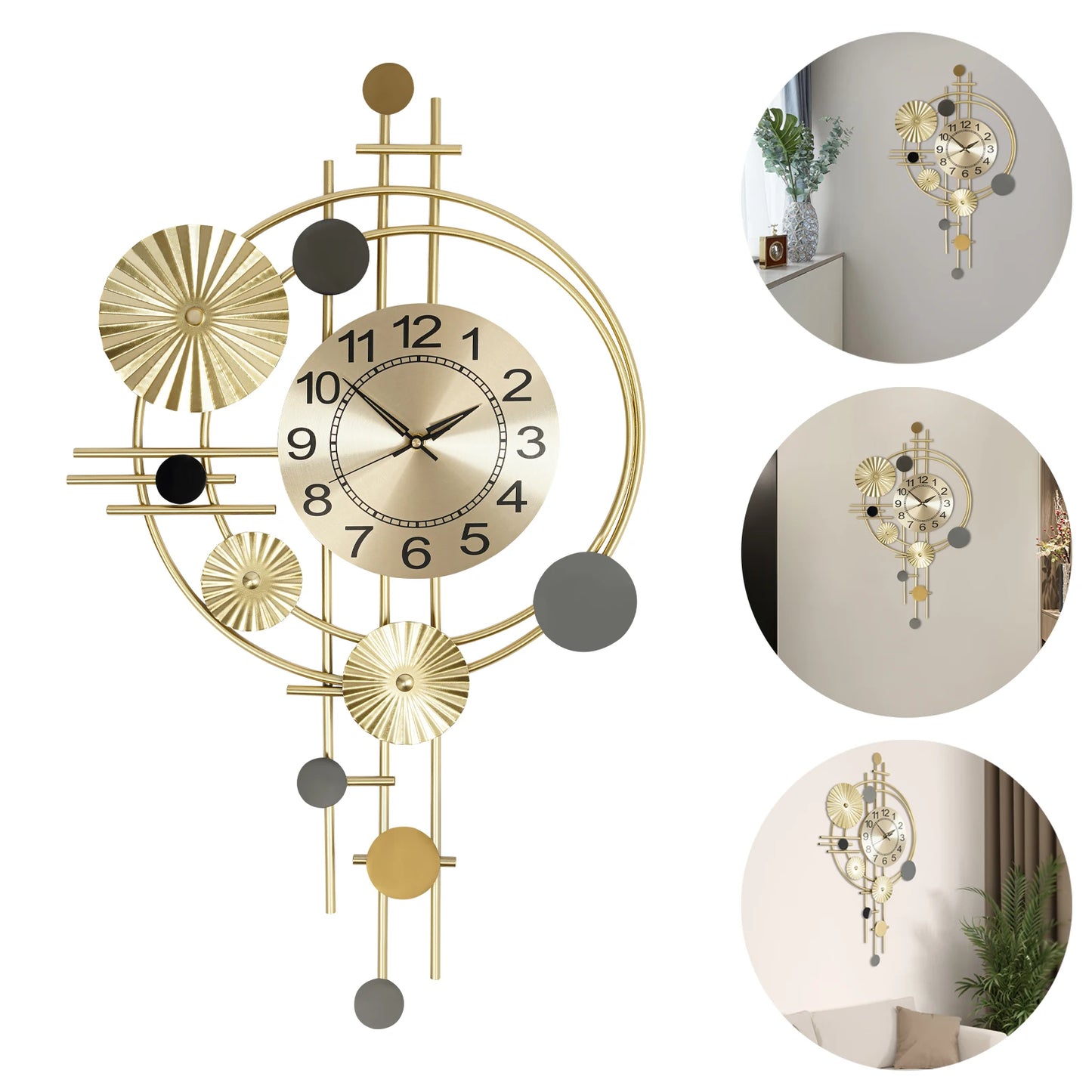 Oversized wall clock modern - Hashford, featuring gold-tone metal with black numerals and silent brass hands; open-face design integrates wall color, creating a dynamic, sculptural timepiece.