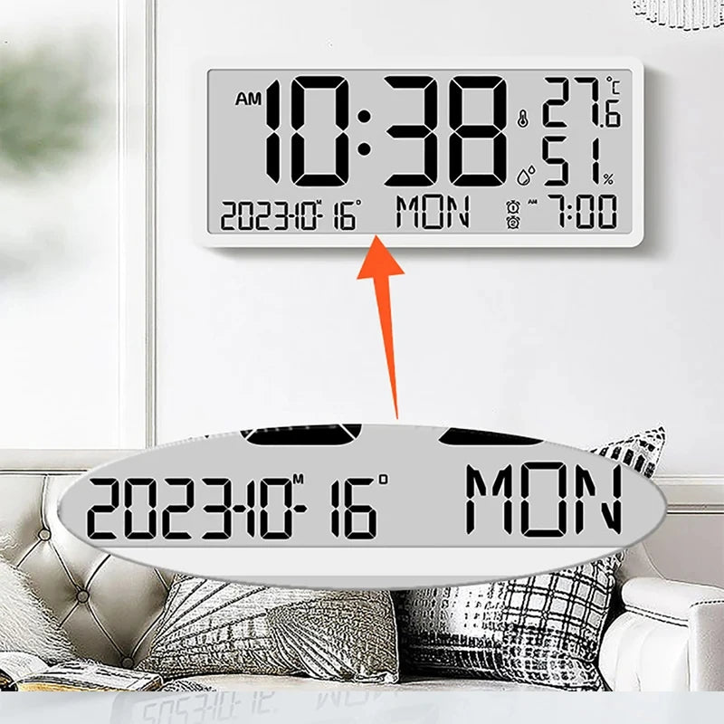 White Digital Clock - Carradon: A sleek wall clock displaying AM 10:38, 27.6°C, 51% humidity, and 2023-10-16 MON, with a 7:00 alarm, ideal for modern homes.
