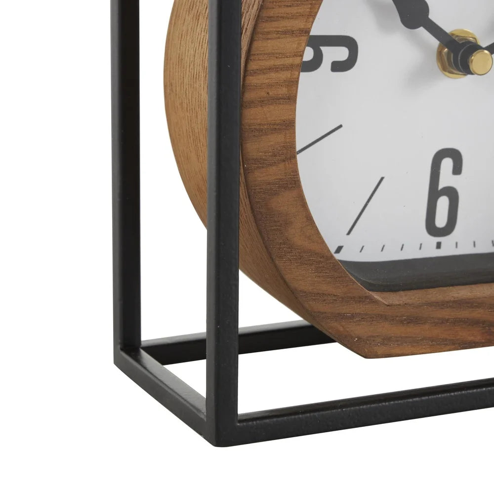 Suspended Clock - Jarwin features a wooden-cased dial with black numerals and hands, elegantly floating in a black metal frame, ideal for adding modern elegance to any desk or mantel.