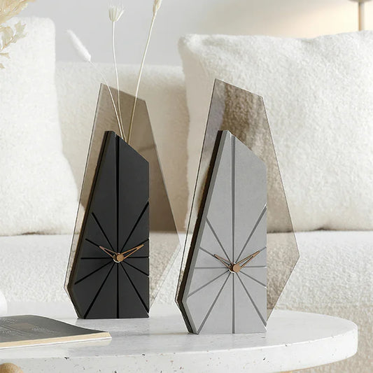 Geometric acrylic design desk clock with faceted crystal construction and rose gold hands