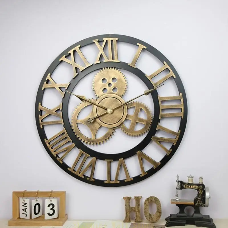 Large metal wall clock - Chronis: A steampunk-style clock with exposed gears and gold Roman numerals, perfect for industrial interiors, mounted on a white wall above decor items.