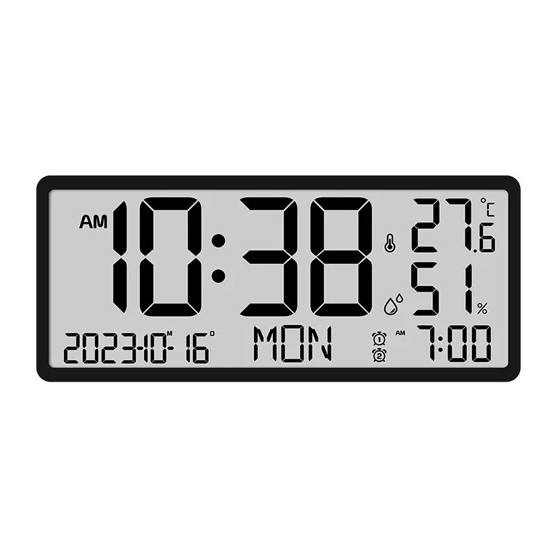 White Digital Clock - Carradon displaying 10:38 AM, 2023-10-16, Monday. Shows indoor temperature 27.6°C, humidity 51%, alarm set for 7:00 AM. Ideal for modern, minimalist decor.