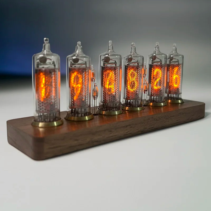 Nixie tube clock - Hartley featuring six retro-style glowing numeral tubes on a wooden base, blending vintage Soviet-era charm with modern design for a striking desk or shelf display.