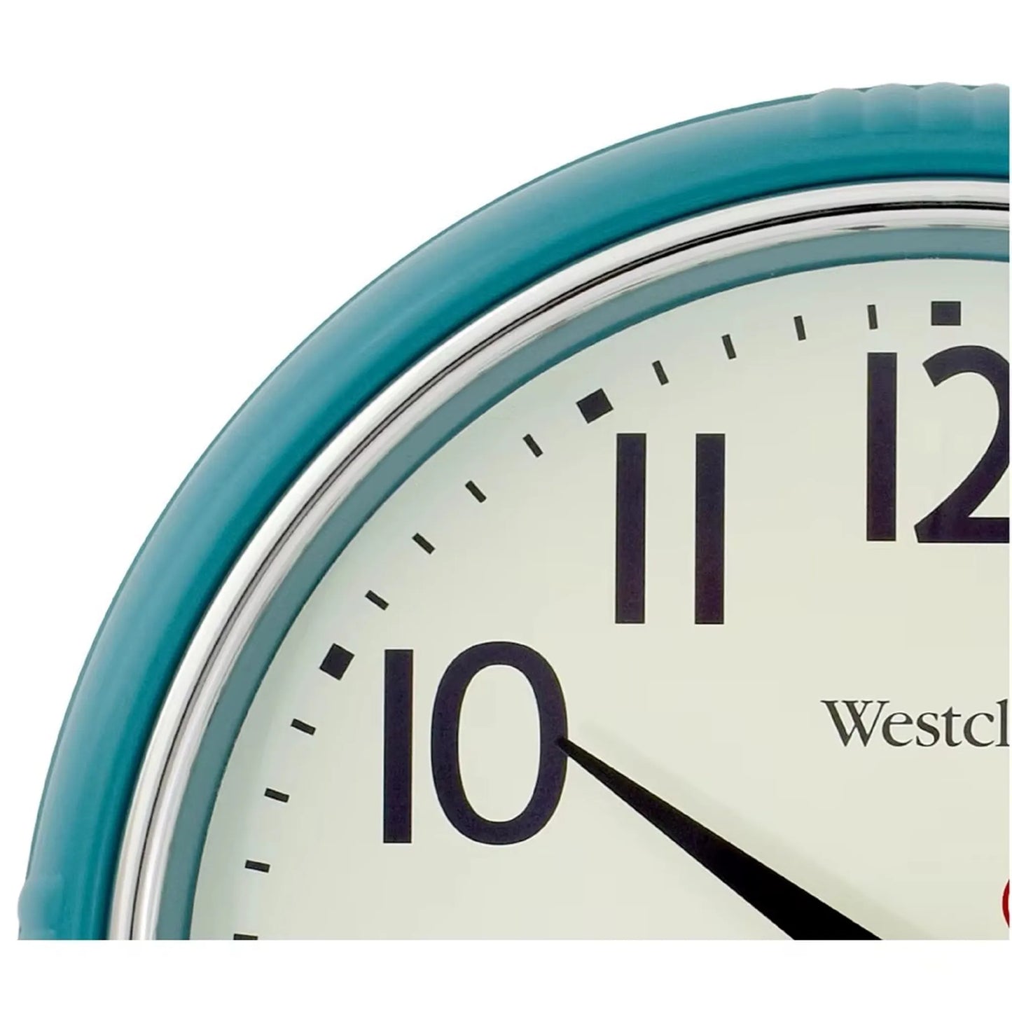 Blue metal Wall Clock - Farlton features a minimalist square design with a turquoise rim, black hour and minute hands, and partial Westcl... branding, enhancing any modern space with silent precision.