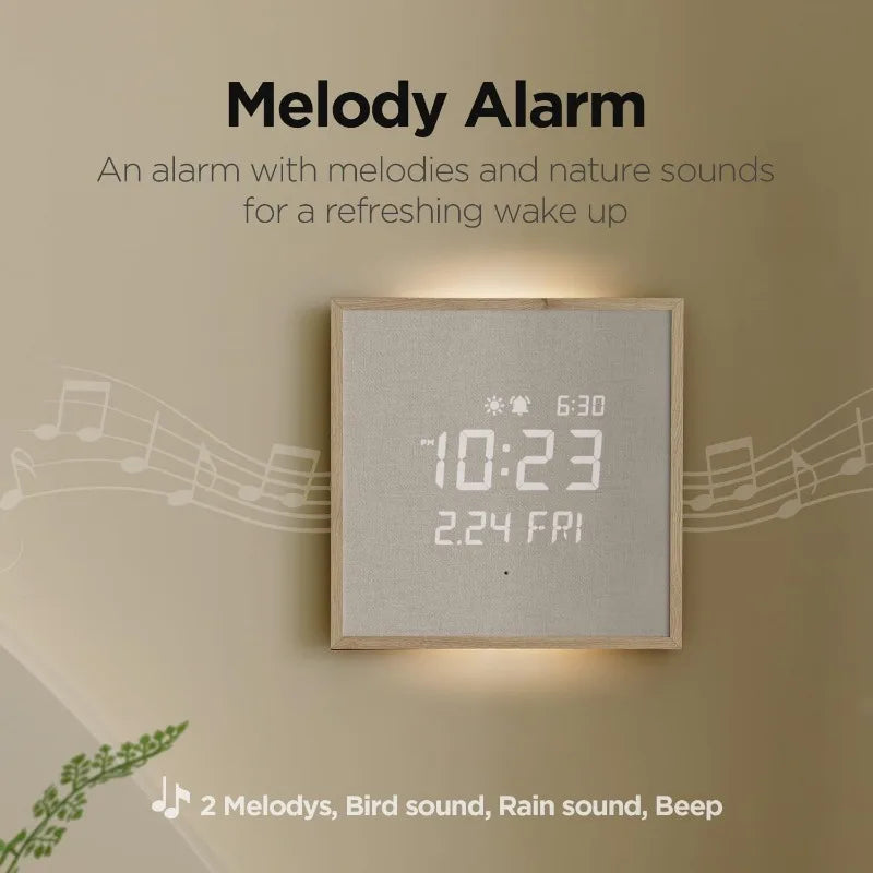 Modern Digital Wall Clock - Belcroft: Square wood-framed clock with fabric front, LED display shows time, date, alarm. Offers melodies, bird, rain, and beep sounds for a refreshing wake-up experience.