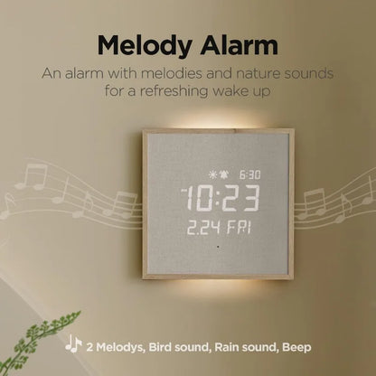 Modern Digital Wall Clock - Belcroft: Square wood-framed clock with fabric front, LED display shows time, date, alarm. Offers melodies, bird, rain, and beep sounds for a refreshing wake-up experience.