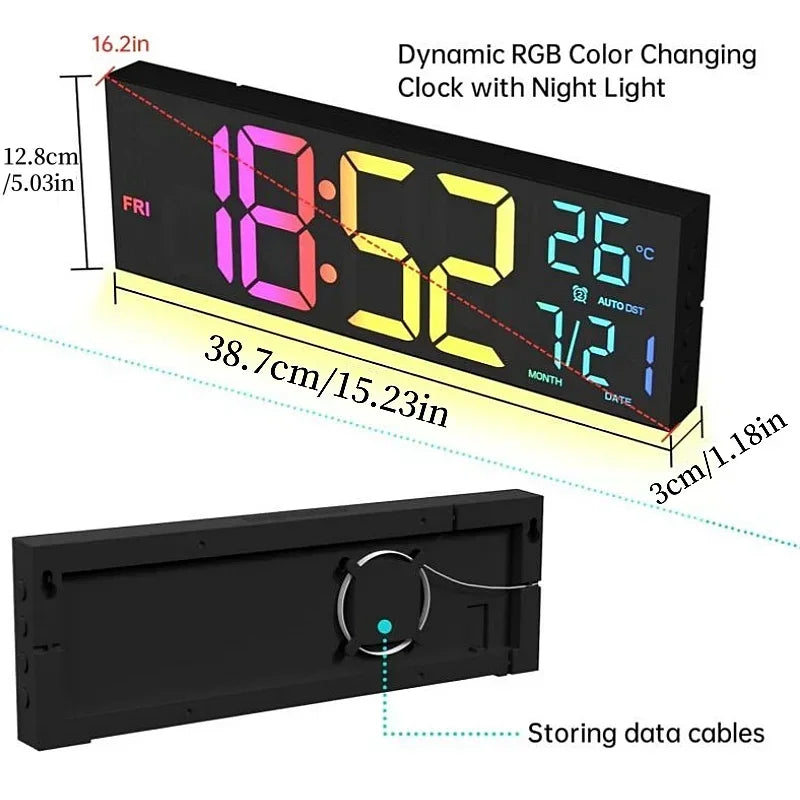 Large digital wall clock - Eldon features a slim LED design with a color-changing display for time, day, temperature, and date, plus a cable storage compartment, ideal for spacious settings.