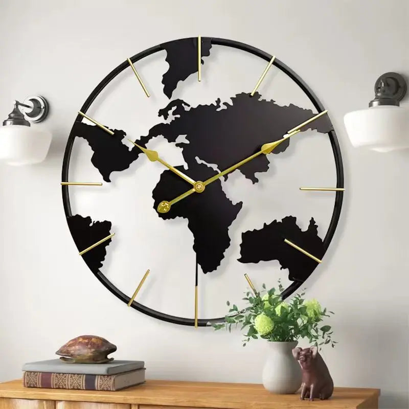 World Map Wall Clock - Claverton features a black metal world silhouette, gold-tone hands, and hour markers, perfect for enhancing any room with global elegance and silent functionality.