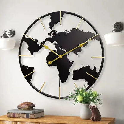 World Map Wall Clock - Claverton features a black metal world silhouette, gold-tone hands, and hour markers, perfect for enhancing any room with global elegance and silent functionality.