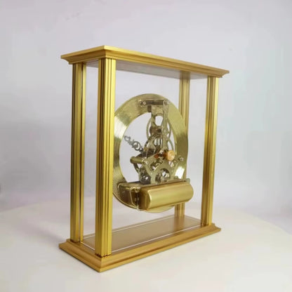 Brass table clock - Braven: An elegant tabletop clock showcasing exposed gears and a polished brass frame with glass panels, featuring a striking black dial for timeless sophistication.