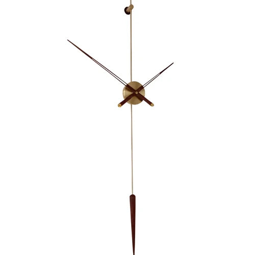 Mid-century modern wall clock - Ellroy by The Horologista features a minimalist design with brass-finished center, elongated hands, and a walnut pendulum, creating a striking sculptural timepiece without numerals or dial.