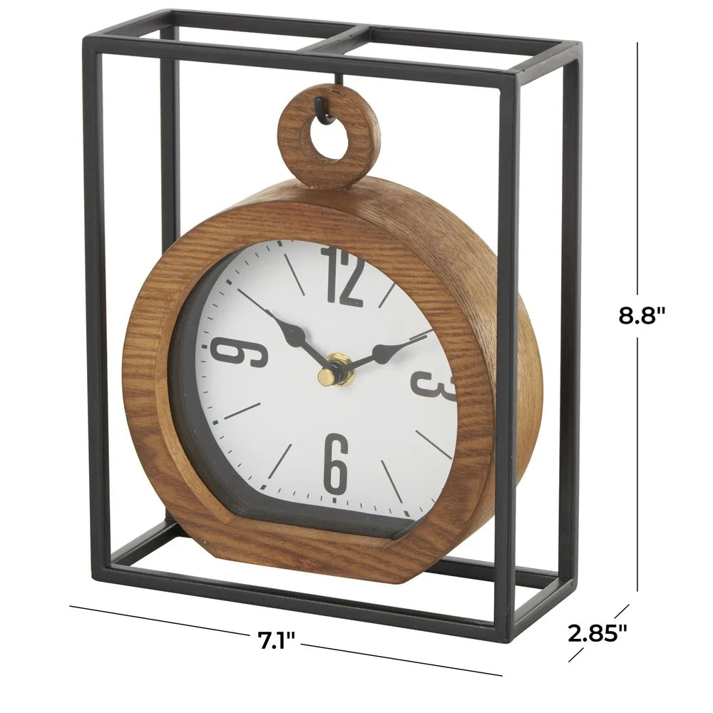 Suspended Clock - Jarwin: A wooden clock face with bold numerals, encased in a black metal frame, offering a modern, elegant timepiece for your mantel or desk. Dimensions: 8.8 x 7.1 x 2.85.