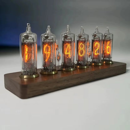 Nixie tube clock - Hartley: Six glowing IN-14 Nixie tubes display time on a sleek wooden base, blending vintage Soviet technology with modern design for a captivating desk or shelf accessory.