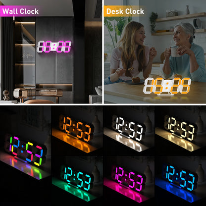 3D Digital Clock - Elmsdon displayed in various settings: wall-mounted with pink light, tabletop with warm light amid conversation, and cycling through multicolor LED modes, showcasing its versatile modern design.