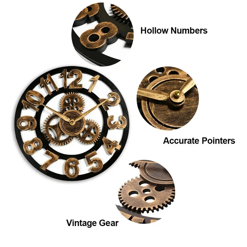 Large gear wall clock - Bevington with steampunk design, features a black frame, bronze hollow numerals, and exposed interlocking gears. Includes accurate bronze pointers and vintage gear details.