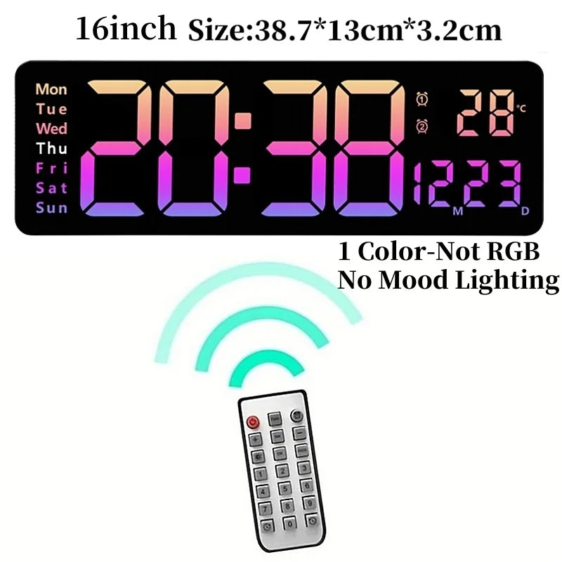 Large digital wall clock - Eldon with jumbo LED numerals displaying 20:38, day-of-week indicators, temperature 28°C, and date 12·23. Includes remote for convenient setting. Ideal for spacious areas.