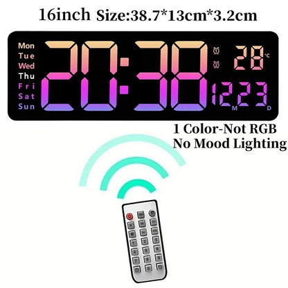 Large digital wall clock - Eldon with jumbo LED numerals displaying 20:38, day-of-week indicators, temperature 28°C, and date 12·23. Includes remote for convenient setting. Ideal for spacious areas.