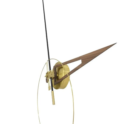 Unique modern wall clocks - Crawell: A minimalist 31-inch wall clock featuring a brass hub with walnut wood hands and a black seconds hand, creating a sculptural, frameless timepiece.