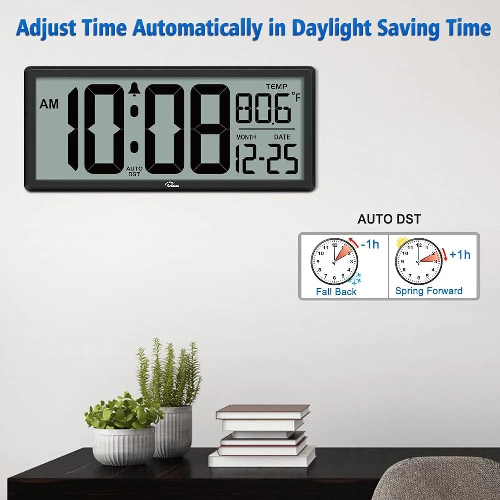 DST Clock - Devrow: Large digital wall clock with LCD showing time, date, and temperature. Features auto Daylight Saving Time adjustment. Displayed with plants and books on a tabletop.