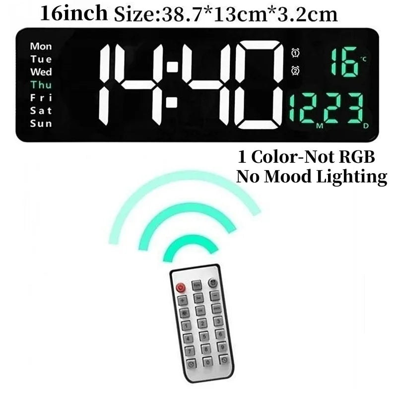Large digital wall clock - Eldon: 16-inch LED display with time, days, temperature, and date features. Includes icons for alarms and comes with a remote, perfect for any large space.