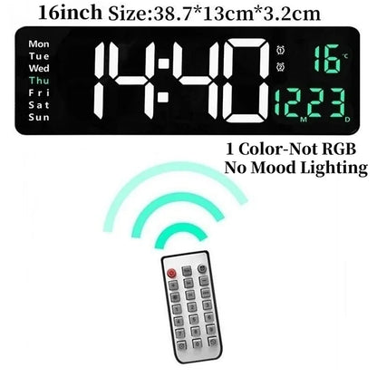 Large digital wall clock - Eldon: 16-inch LED display with time, days, temperature, and date features. Includes icons for alarms and comes with a remote, perfect for any large space.
