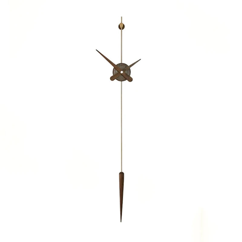 Mid century modern wall clock - Ellroy by The Horologista, featuring a minimalist design with a round face, long slender pendulum, and wooden hands, embodying sculptural elegance without a frame or glass.