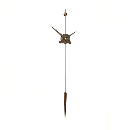 Mid century modern wall clock - Ellroy by The Horologista, featuring a minimalist design with a round face, long slender pendulum, and wooden hands, embodying sculptural elegance without a frame or glass.