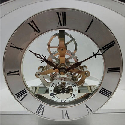 Crystal table clock - Cranley showcasing a polished dial with Roman numerals, ornate hands, an exposed brass and steel gear train, and a sub-dial for seconds, perfect for special occasions.