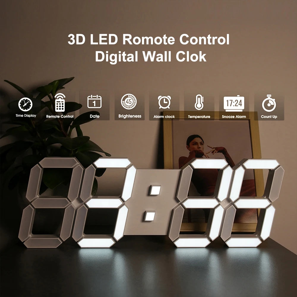 3D Digital Clock - Elmsdon: A modern LED clock with large 3D numerals, combining digital time display and analog hands. Features include remote control, brightness adjustment, date, temperature, alarm, and timer functions.