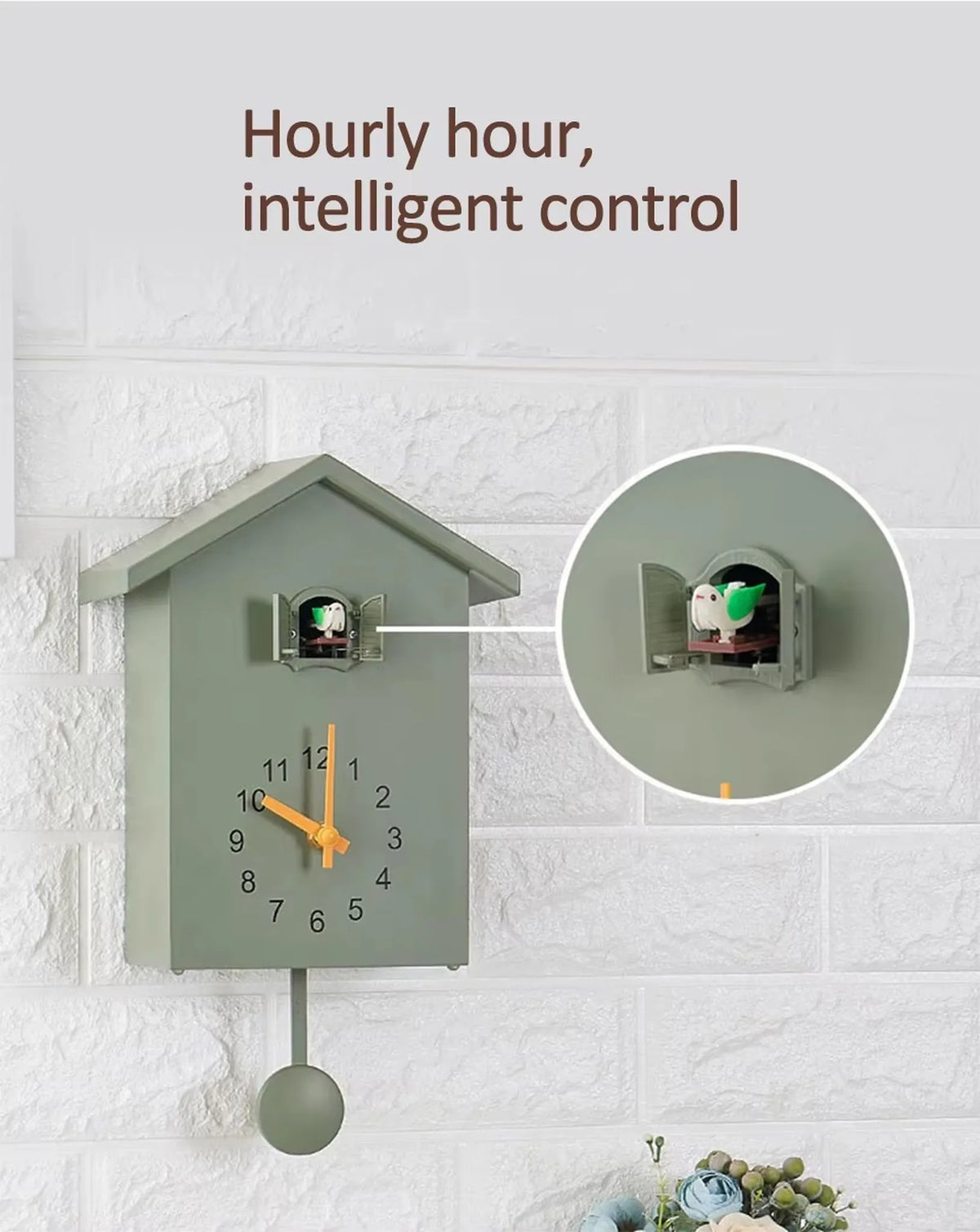 Wooden Cuckoo Clock - Brivon: A modern, house-shaped clock with orange hands, a swinging bird pendulum, and shuttered doors concealing a bird figurine, embodying playful charm and contemporary design.