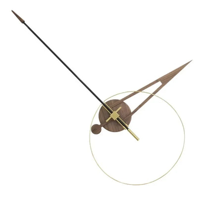 Unique modern wall clocks - Crawell: A minimalist wall clock featuring a walnut wood center, tapered wooden hands, a brass second hand, and a polished-brass ring, showcasing exposed clockwork without a traditional face.