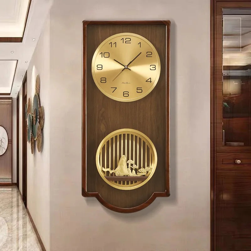 Wood Analog Wall Clock - Eastley features a gold clock face with black numerals, set on a wooden backboard, complemented by an ornamental sculpture below, perfect for decor or recognition awards.