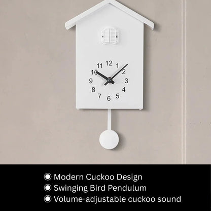 Wooden Cuckoo Clock - Brivon: A minimalist, house-shaped wall clock with a swinging bird pendulum, featuring a modern cuckoo design and volume-adjustable cuckoo sound, handcrafted from high-quality wood.
