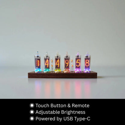 Nixie tube clock - Hartley: A sleek wooden base hosts six glowing glass tubes, displaying time with orange digits and RGB under-glow. Features touch-button control, adjustable brightness, and USB-C power.