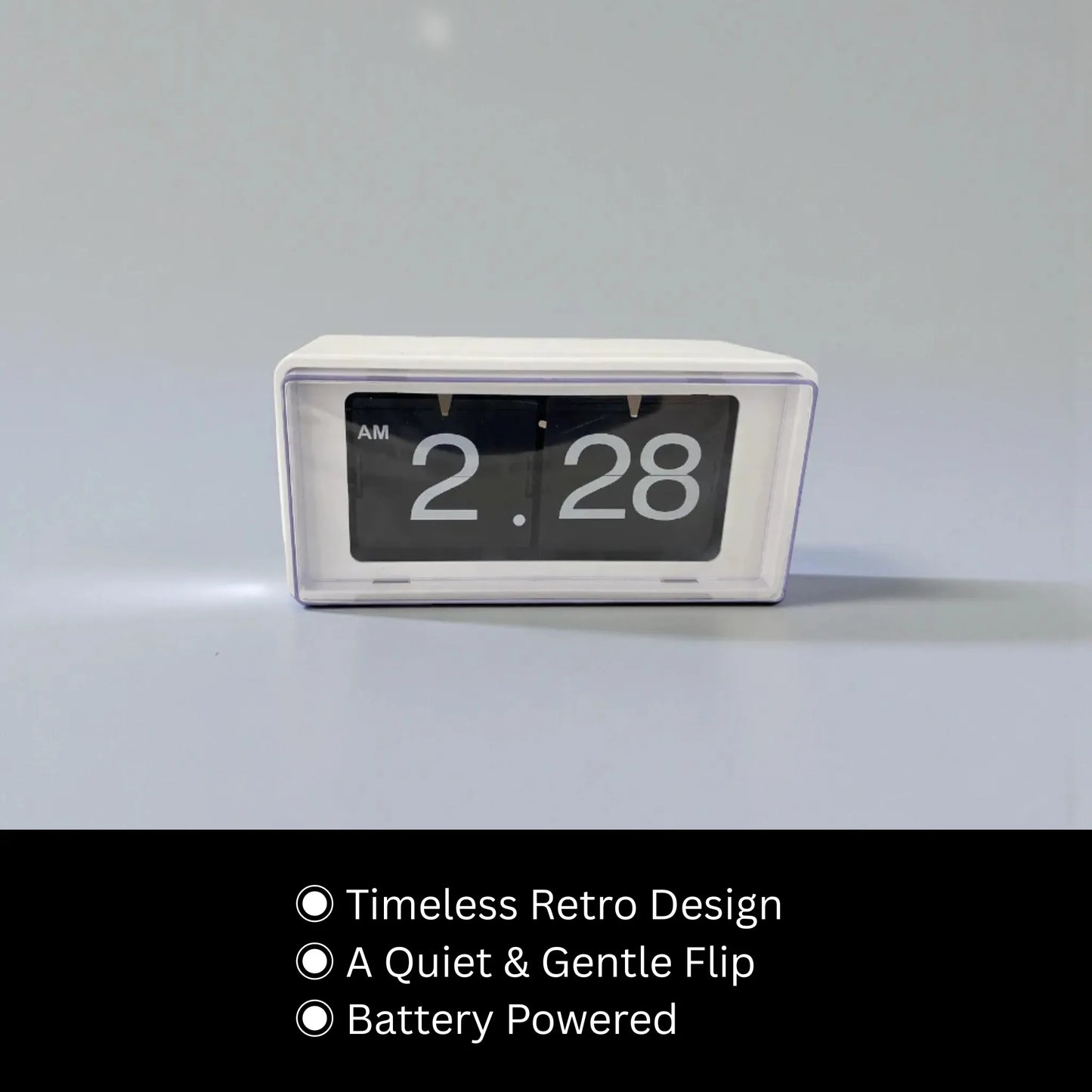 Vintage flip clock - TimeFlip: A white rectangular retro flip clock displaying “AM 2:28,” featuring timeless design, quiet flipping, and battery operation, ideal for desks or walls.