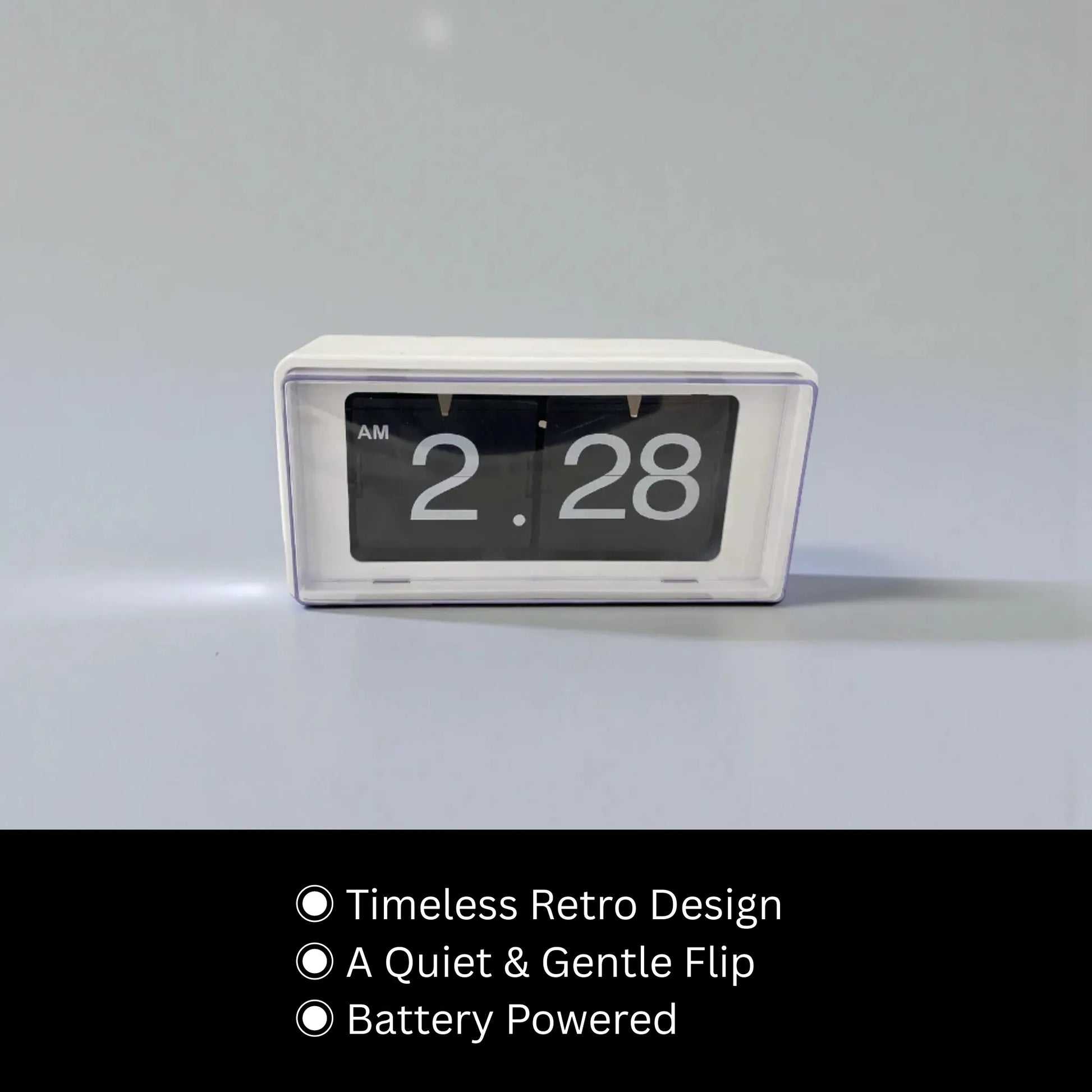 Vintage flip clock - TimeFlip: A white rectangular retro flip clock displaying “AM 2:28,” featuring timeless design, quiet flipping, and battery operation, ideal for desks or walls.