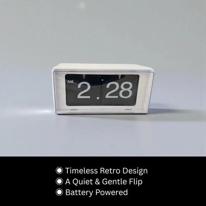 Vintage flip clock - TimeFlip: A white rectangular retro flip clock displaying “AM 2:28,” featuring timeless design, quiet flipping, and battery operation, ideal for desks or walls.