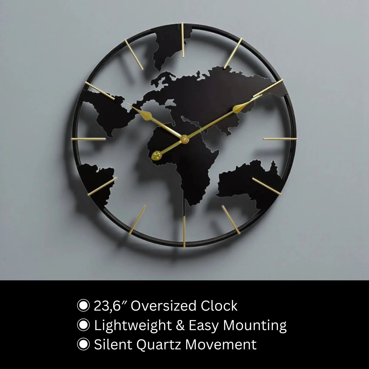 World Map Wall Clock - Claverton: Oversized wall clock with continents silhouette, gold-toned markers, and silent quartz movement, ideal for enhancing decor in living rooms, kitchens, or offices.