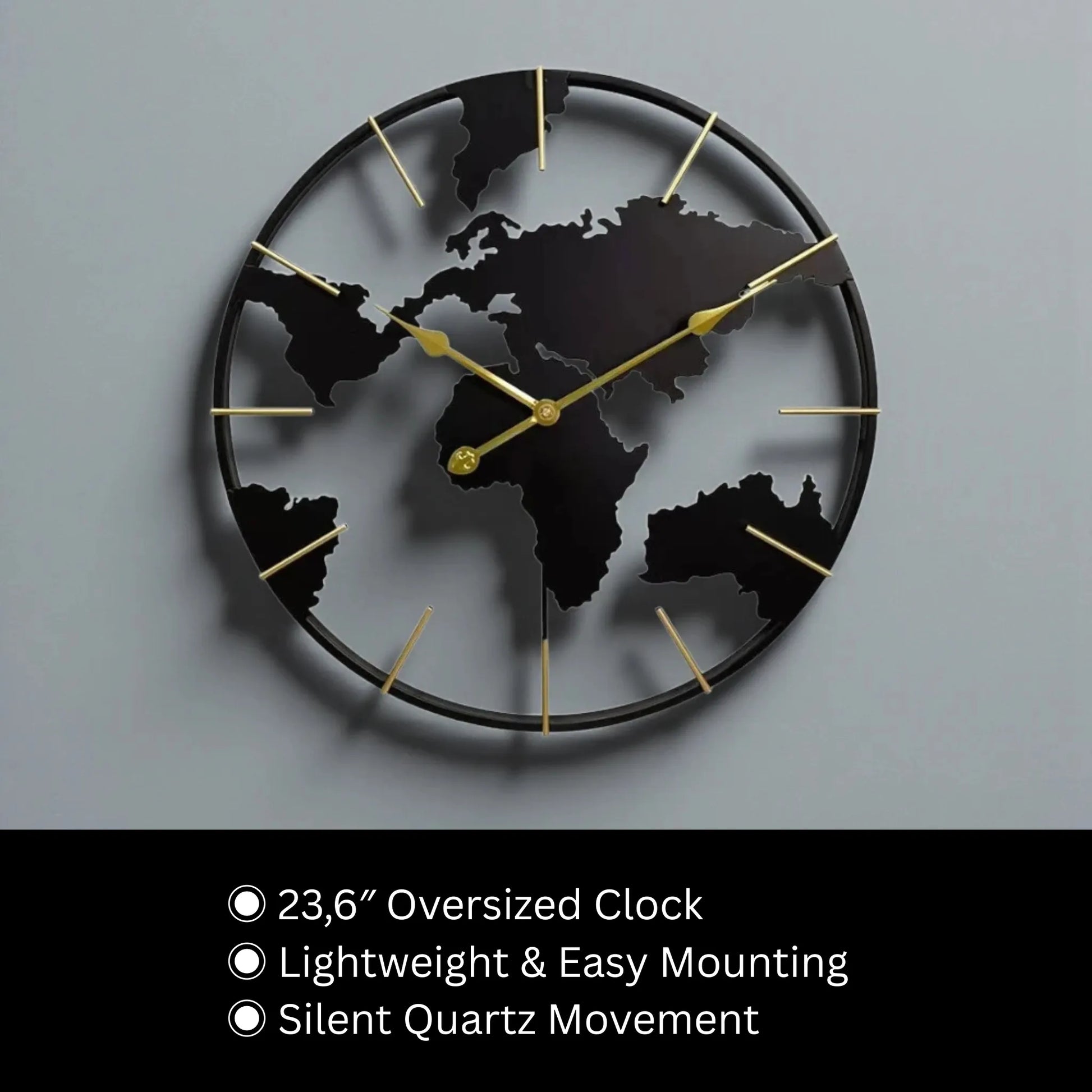 World Map Wall Clock - Claverton: Oversized wall clock with continents silhouette, gold-toned markers, and silent quartz movement, ideal for enhancing decor in living rooms, kitchens, or offices.