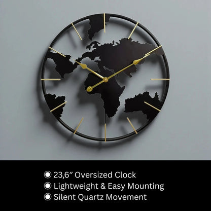 World Map Wall Clock - Claverton: Oversized wall clock with continents silhouette, gold-toned markers, and silent quartz movement, ideal for enhancing decor in living rooms, kitchens, or offices.