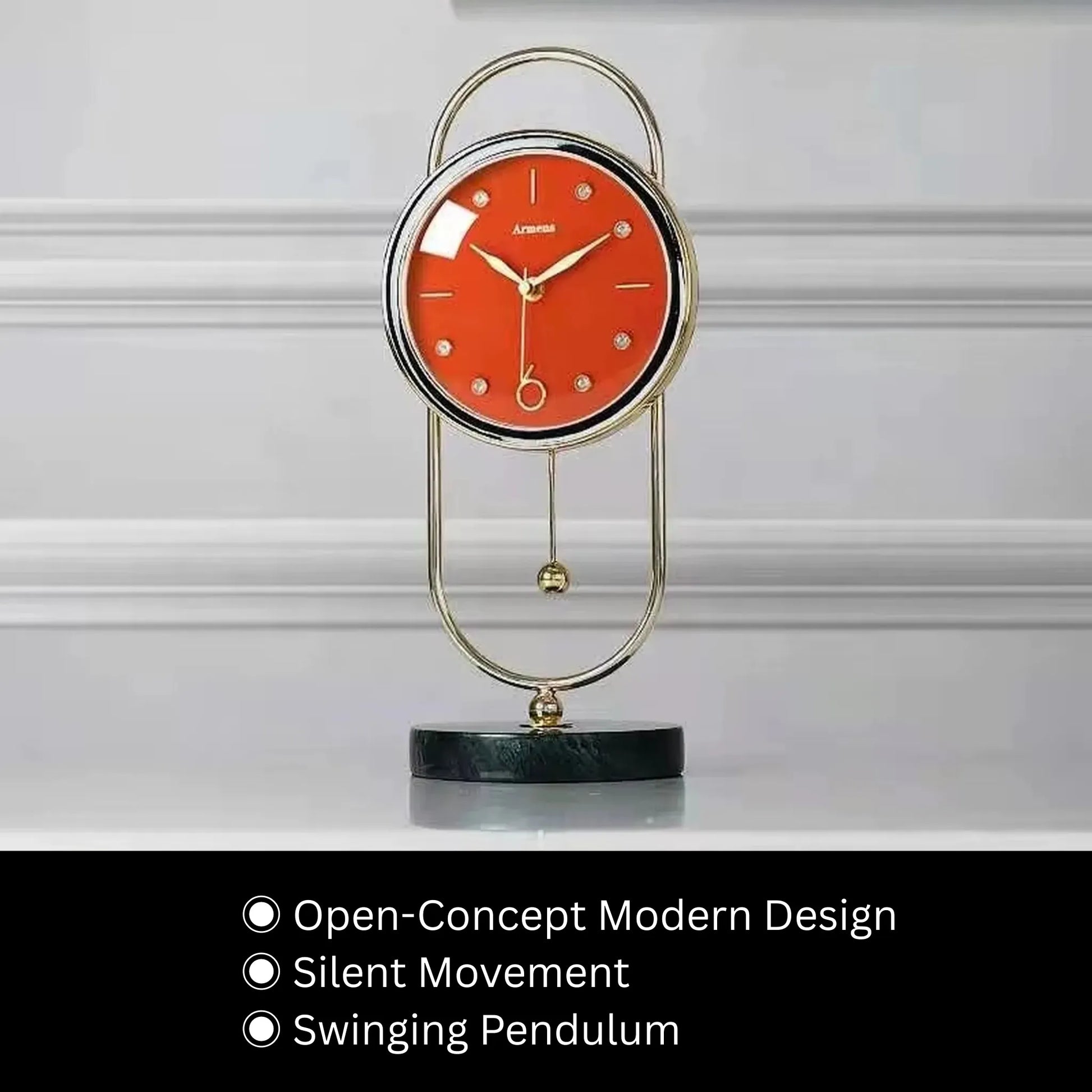 Pendulum Table Clock - Leiton: A modern, open-frame clock with a red dial, gold-tone oval frame, and swinging pendulum, perfect for adding elegant movement to your mantel or desk.